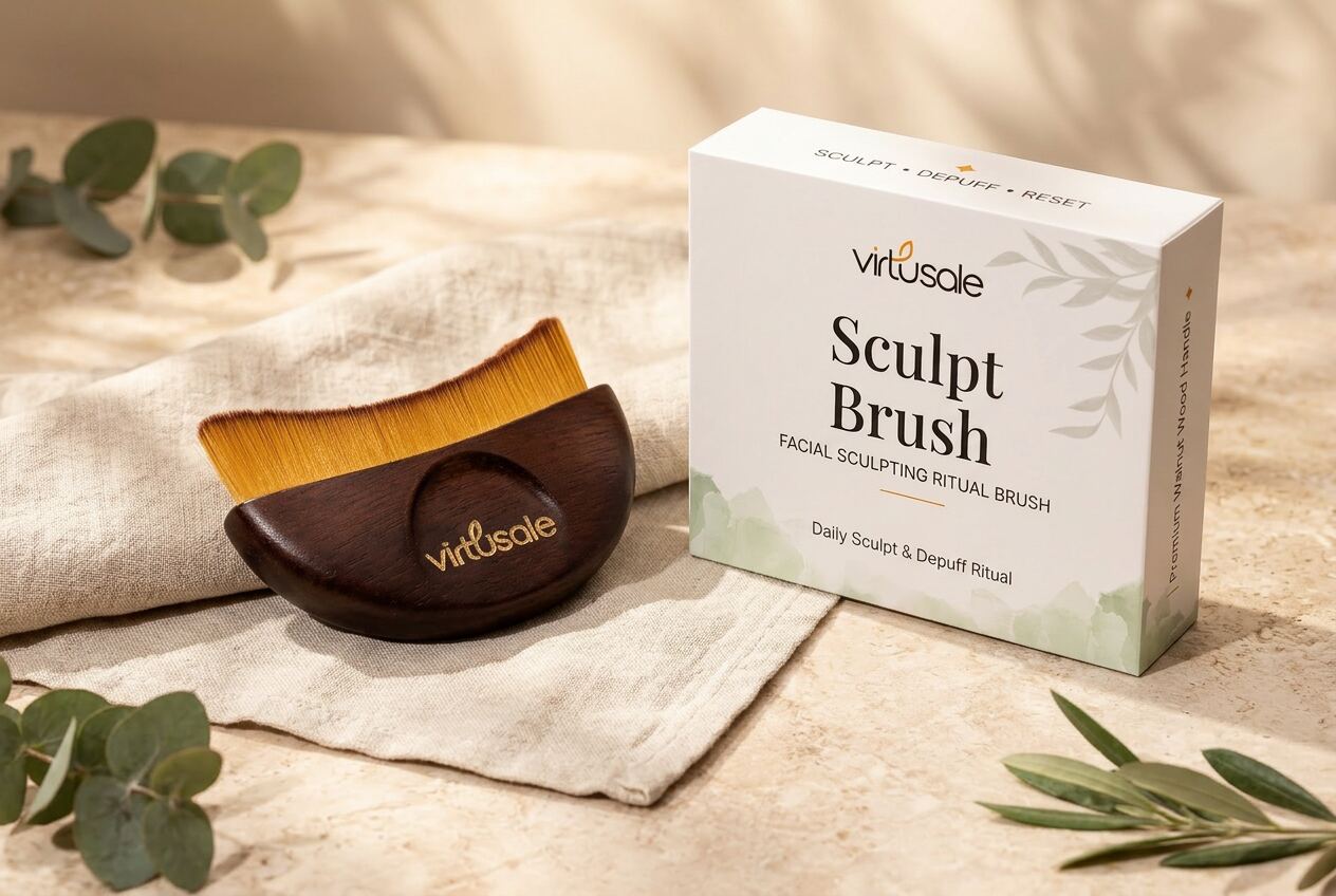 VirtuSale Sculpt Brush and packaging styled on linen with eucalyptus