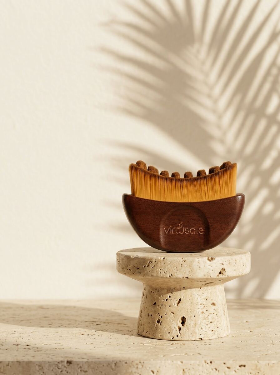 VirtuSale Sculpt Brush on a travertine pedestal in soft morning light