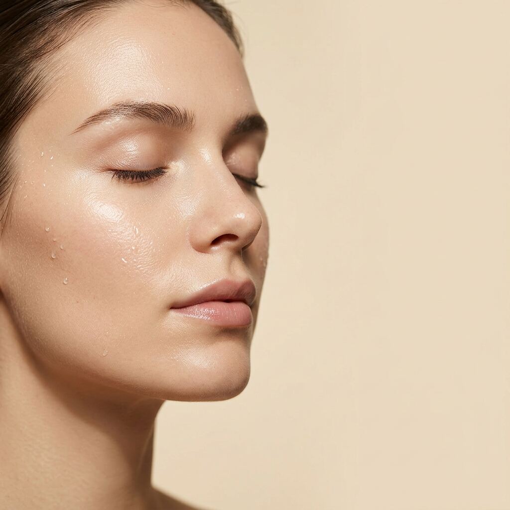 Line illustration of a serene face with freshly cleansed skin