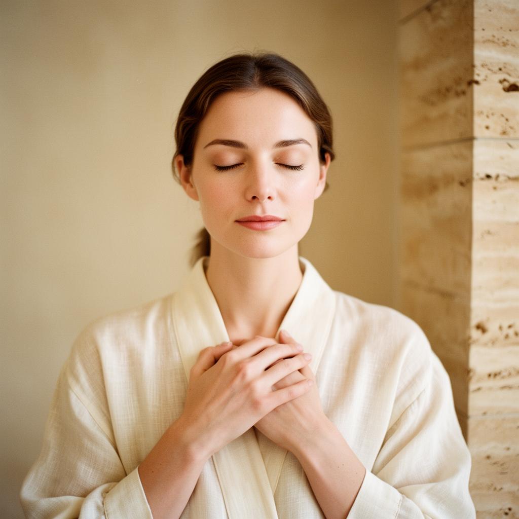 Woman with freshly cleansed skin taking a calm breath before her sculpt ritual